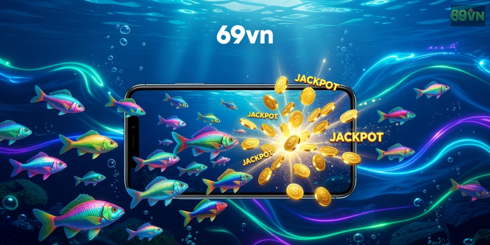 Minh họa khái niệm bắn cá nổ hũ 69vn với giao diện game sống động và phần thưởng hấp dẫn