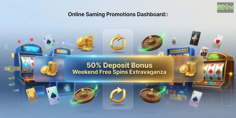 Hình minh họa khái niệm game khuyến mãi 69vn với các biểu tượng ưu đãi hấp dẫn và giao diện nền tảng.