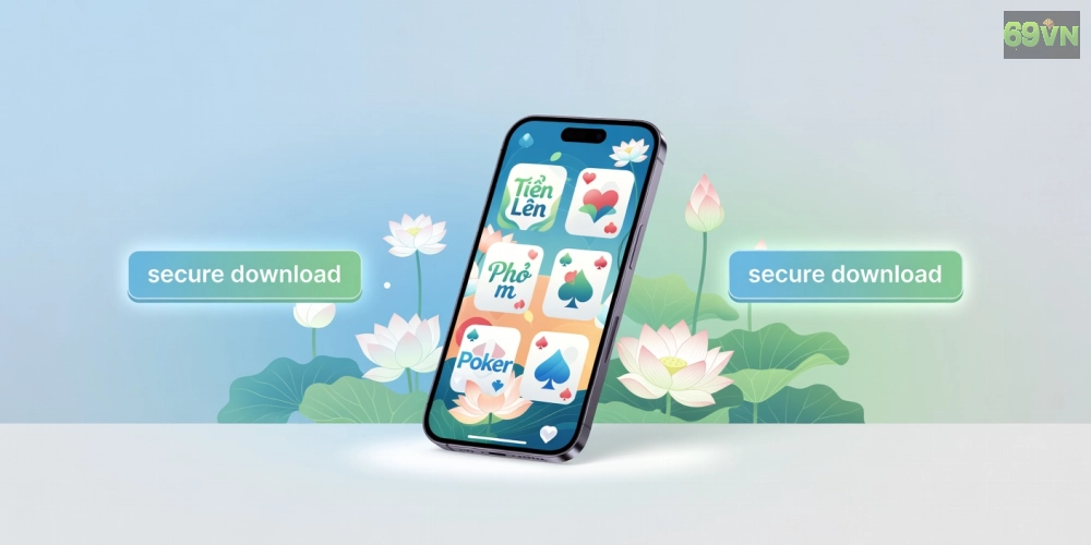 Minh họa giao diện tải game bài 69vn với các trò chơi phổ biến và nút download an toàn